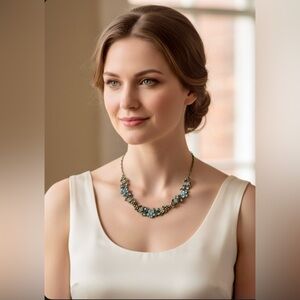 Antique Silver-Tone Blue Rhinestone Floral Statement Necklace 17.5"